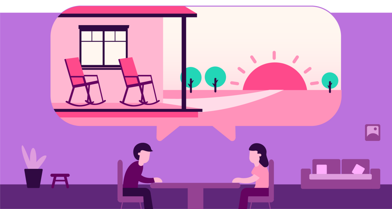 Illustration of a couple sitting at a table with a shared thought bubble showing a house with two rocking chairs overlooking a sunset.