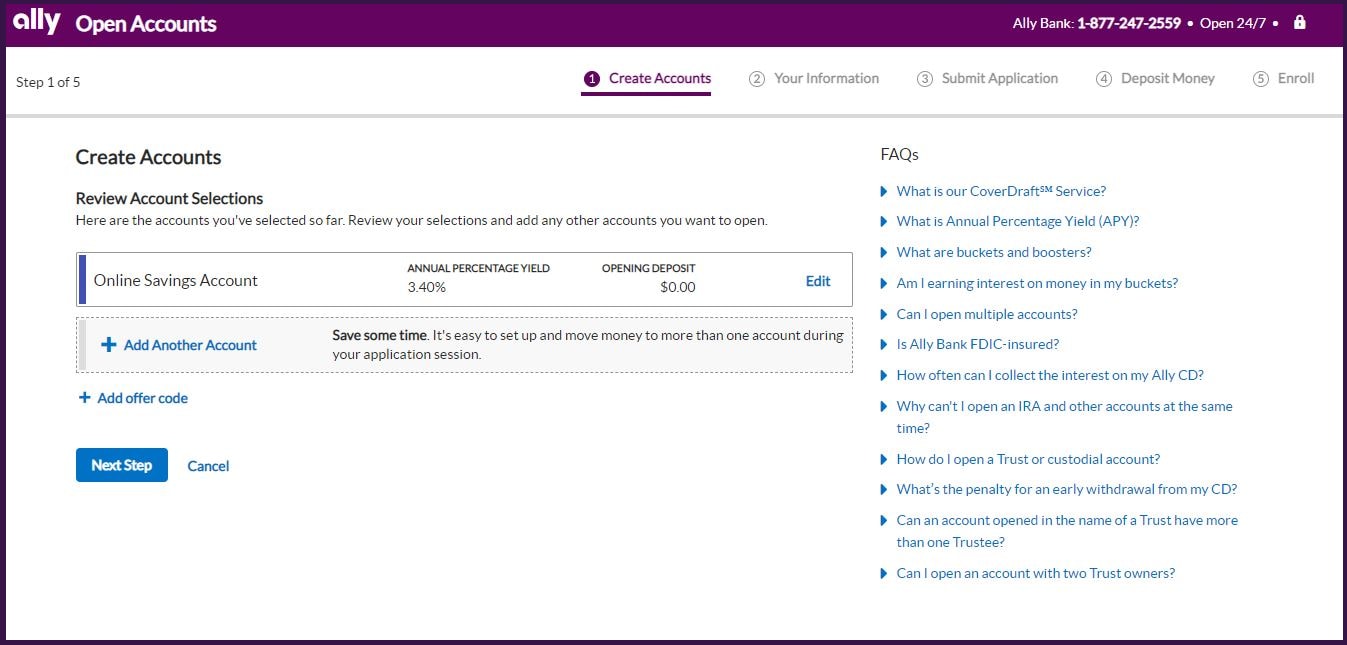 Image shows an Ally Bank webpage asking the user to Review Account Selections. User has an option to add another account, continue to the next step or cancel.