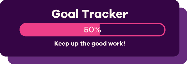 Image of a progress bar with “Goal tracker, Keep up the good work with the tracker showing 50% progress.”
