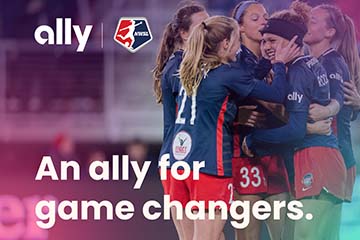 NWSL and Ally have teamed up to present an ally for game changers. Image shows women soccer players celebrating