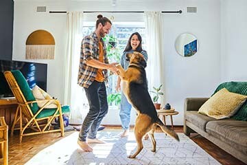 Couple dancing with their dog in living room