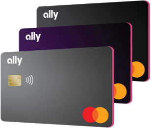 three horizontally overlapping Ally credit cards, a grey card in front, purple card in the middle and black card in back.