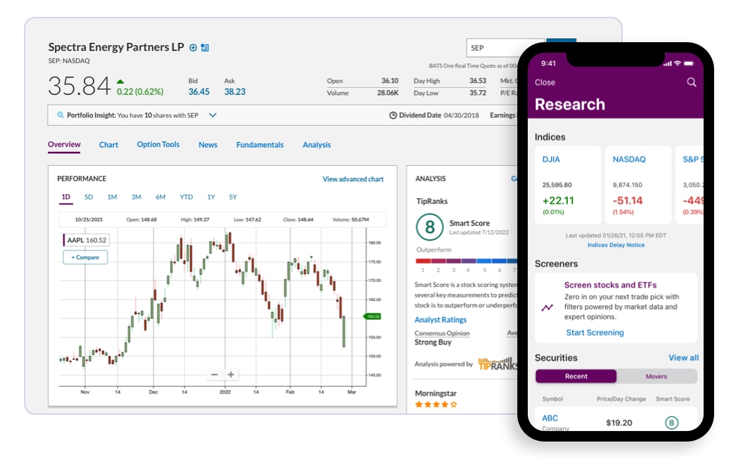 a desktop view of the Spectra Energy Partners LP stock landing page, with a mobile view of the Research page layered on top