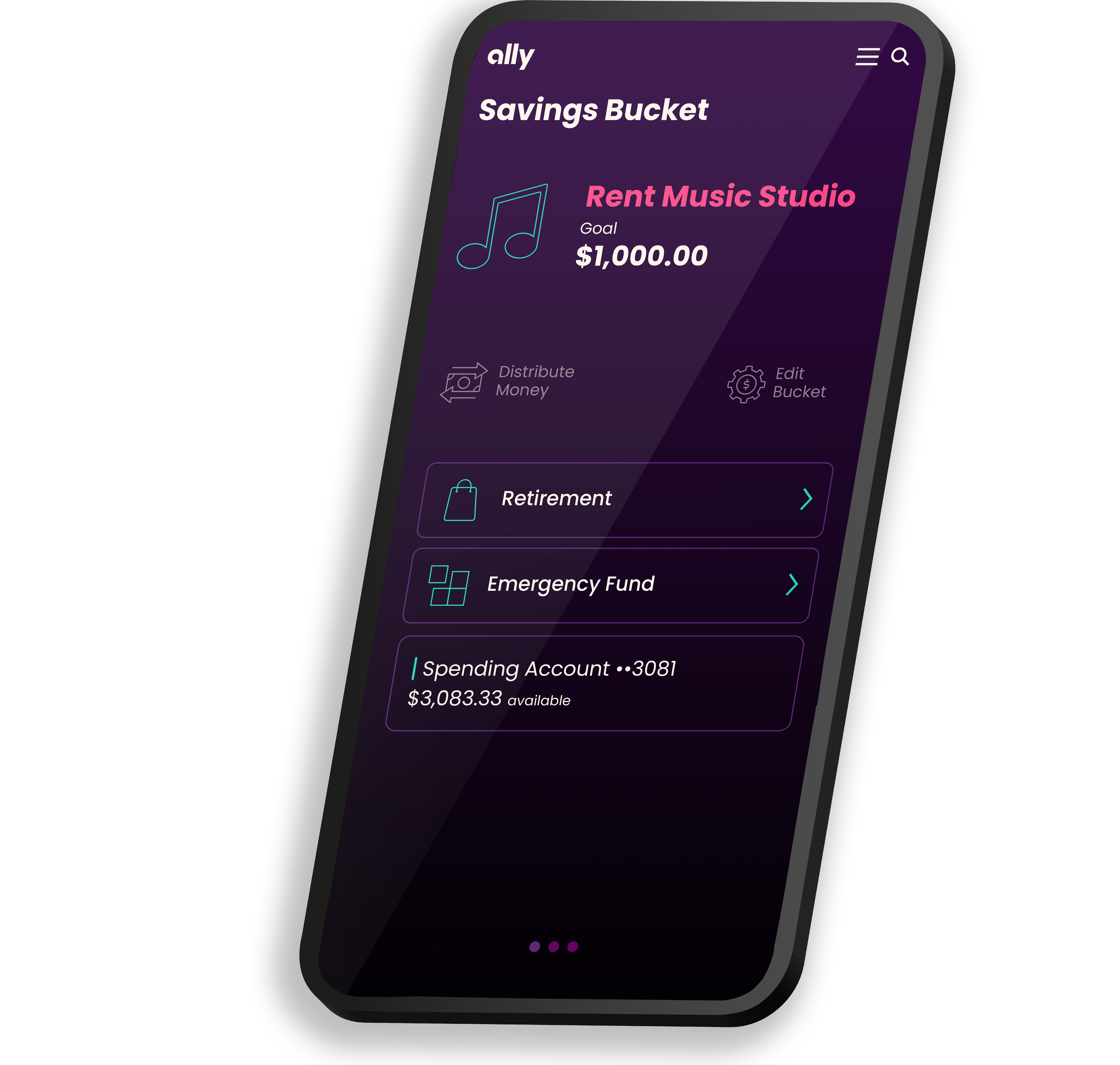 Illustration of Ally Savings Buckets on a phone screen. The Saving Buckets featured are Rent Music Studio with a savings goal of $1000.00, Retirement with a savings goal of $750.00, and Emergency Fund with a savings goal of $500.00.