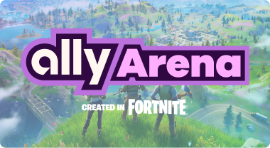 A purple logo that says Ally Arena created in Fortnite